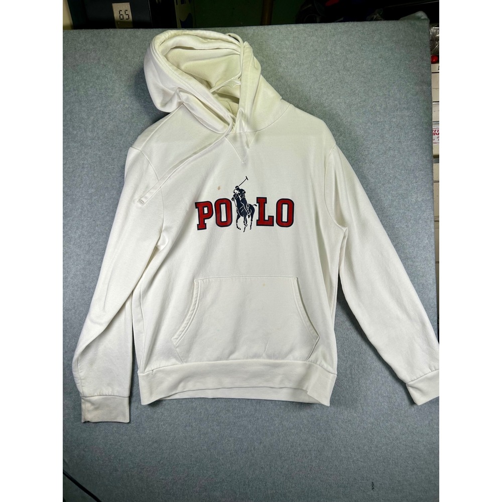 Stains*Polo Ralph Lauren Mens Big Pony Spellout Hoodie Cream White Size Medium